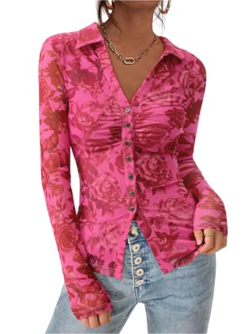 Women's Boho Floral Button Down Long Sleeve Mesh Blouse V-Neck